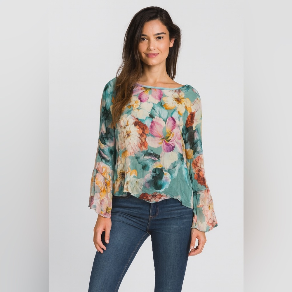 🌸 Angela Moda 100% Silk Floral Bell Sleeve‎ Blouse Made in Italy Women’s S 🌸